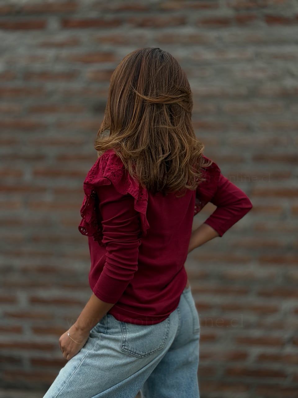Polera manga Broderie rojo