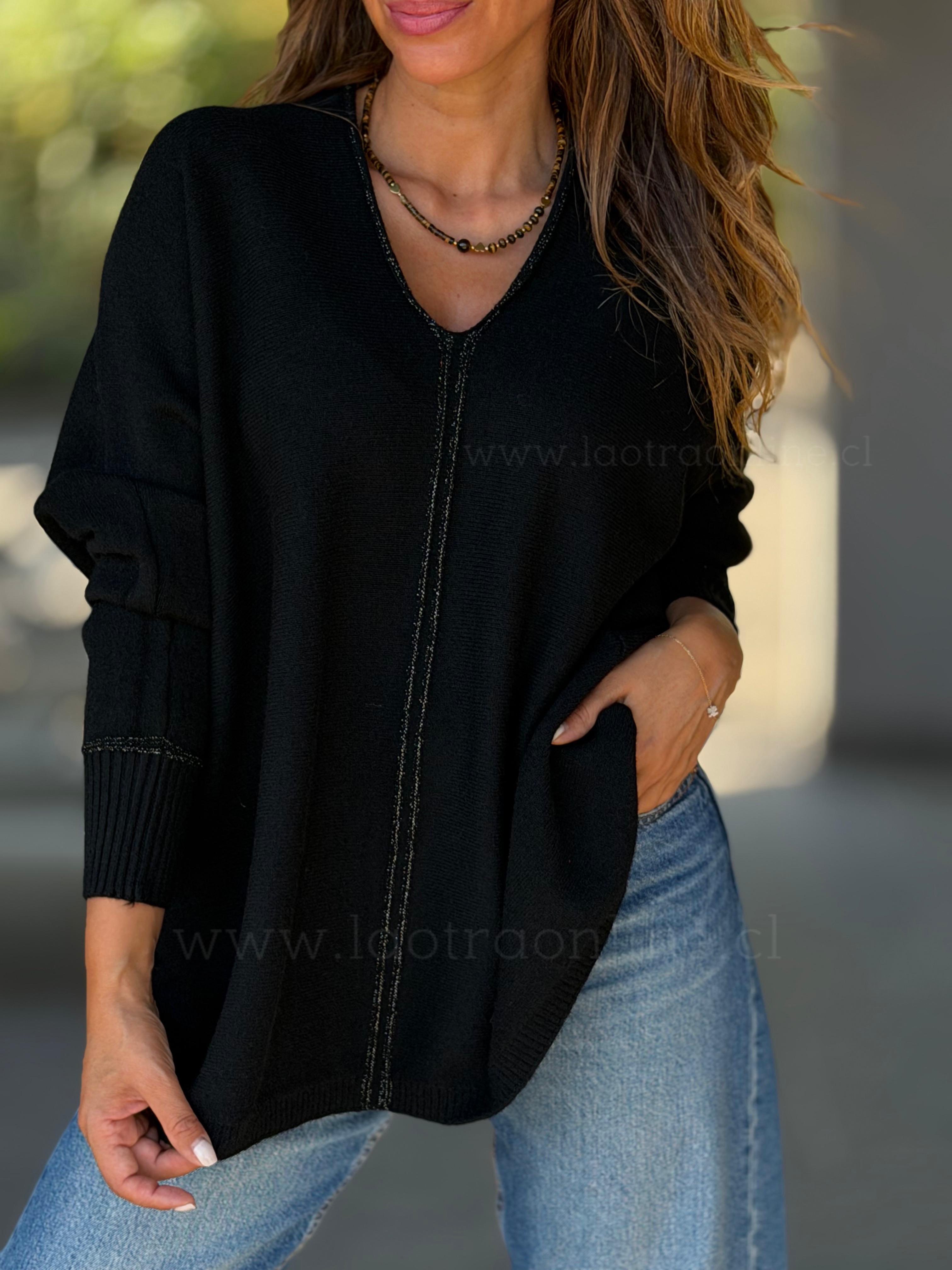 Sweater Cuello V hilo plata negro