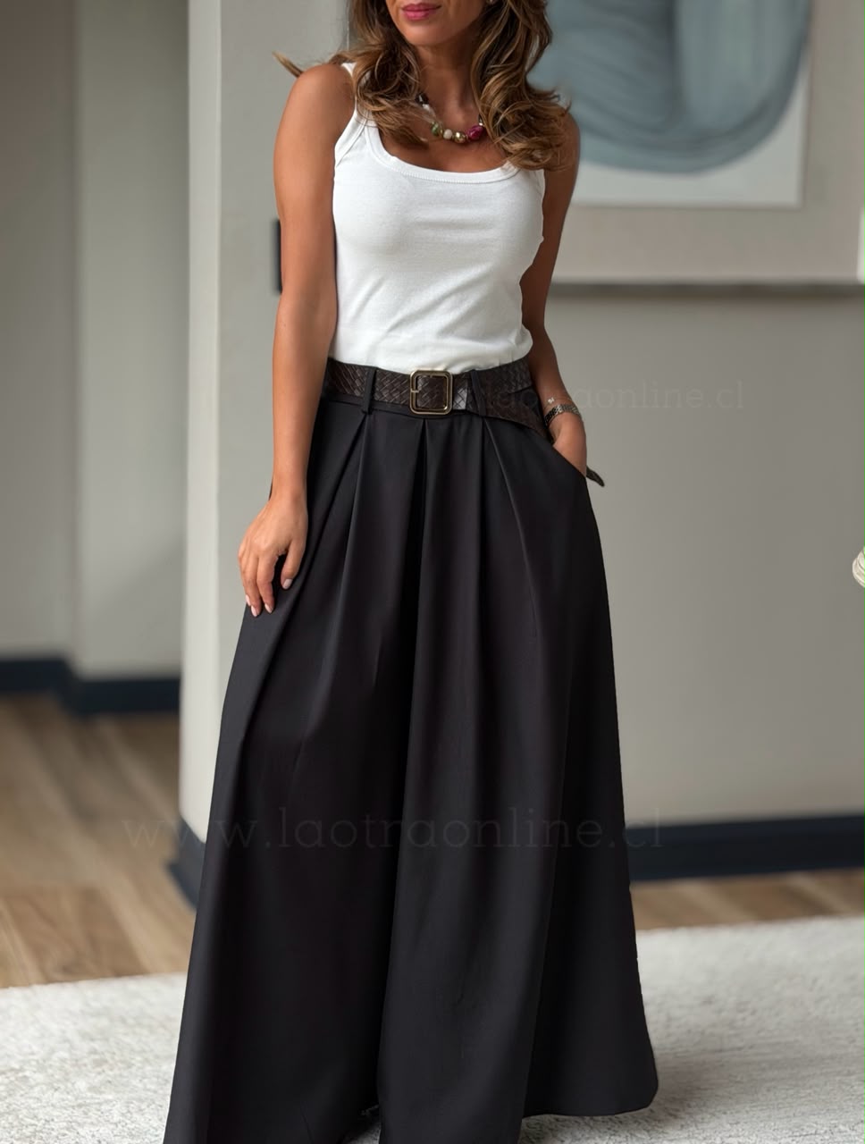 Pantalón Palazzo+cinturón trenza negro