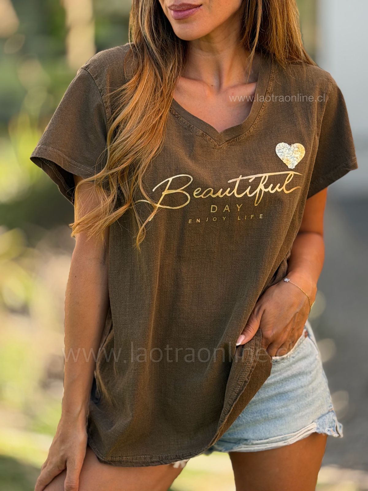Polera Beautiful choco/olivo